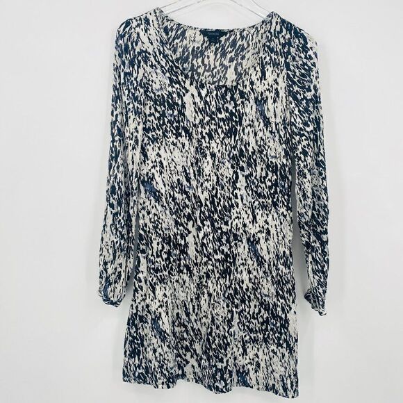 Express Size XS Black & White Long Sleeve Abstract Print Silk Mini Shift Dress - Picture 1 of 6
